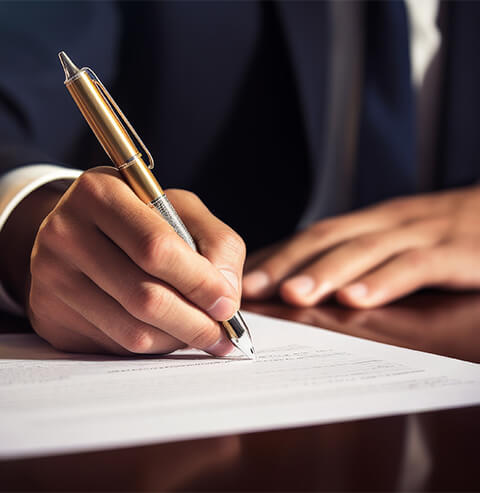 Close up picture of man signing a document with pen
